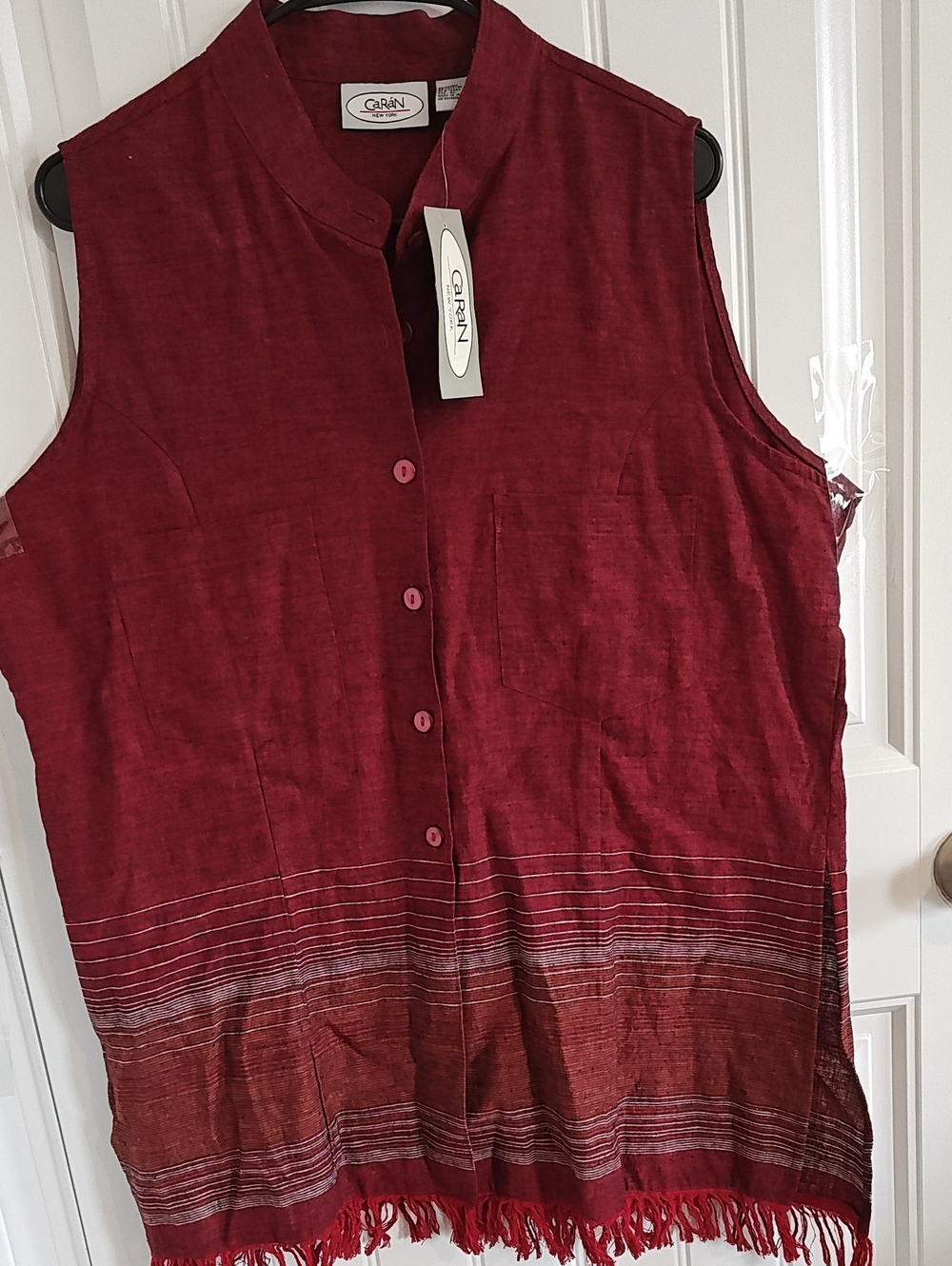 Women Sleeveless Button Front Tunic Deep Red Stripes Linen 2X Tank Top Slit Side